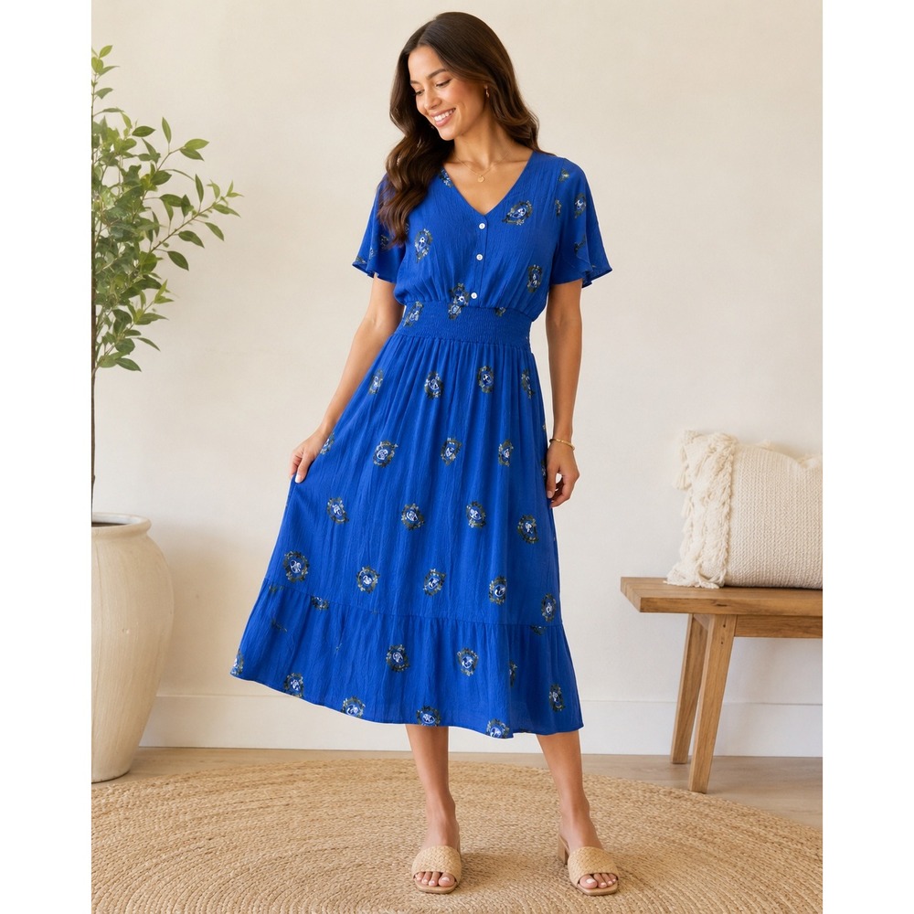 Kindred L Blue‎ Paisley Maxi Dress Boho Cottagecore Smocked Waist Tiered